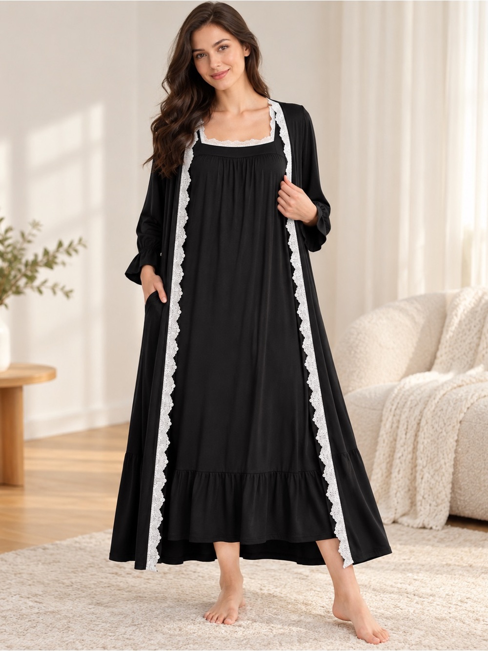 Maternity & Nursing Black Lace-Trim Nightgown and Robe Set